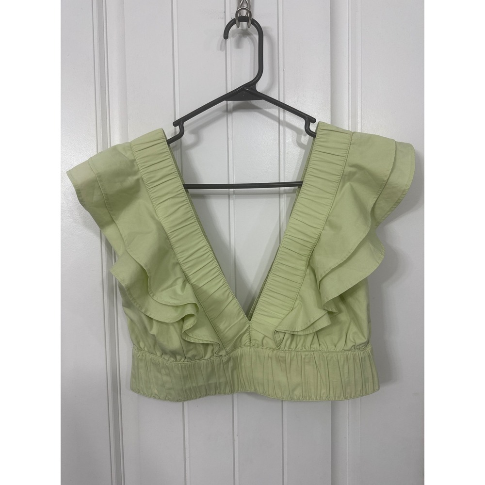 Abercrombie & Fitch Light Green Ruffle V-Neck Crop Top Flutter Sleeve Womens